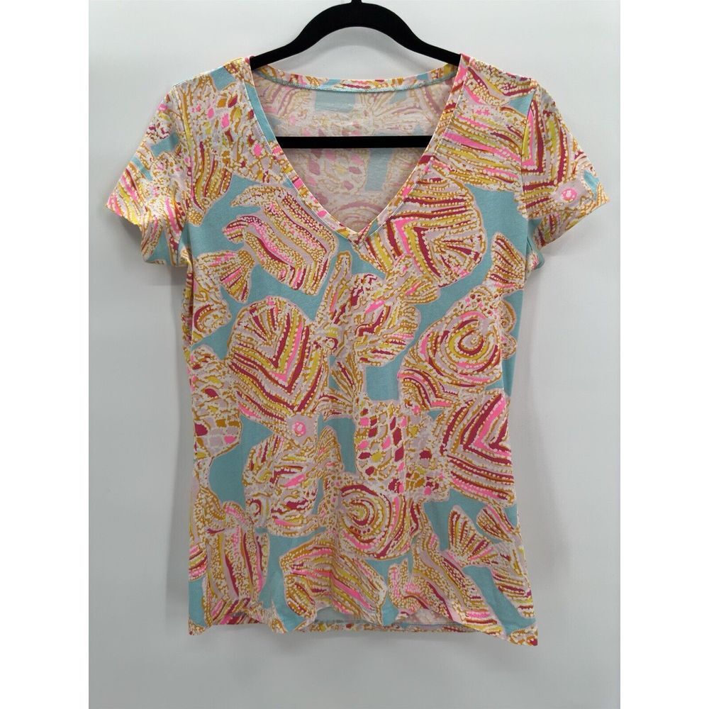 Lilly Pulitzer Michele V-Neck Top Short Sleeve Breakwater Blue Tini‎ Bikini Sz S
